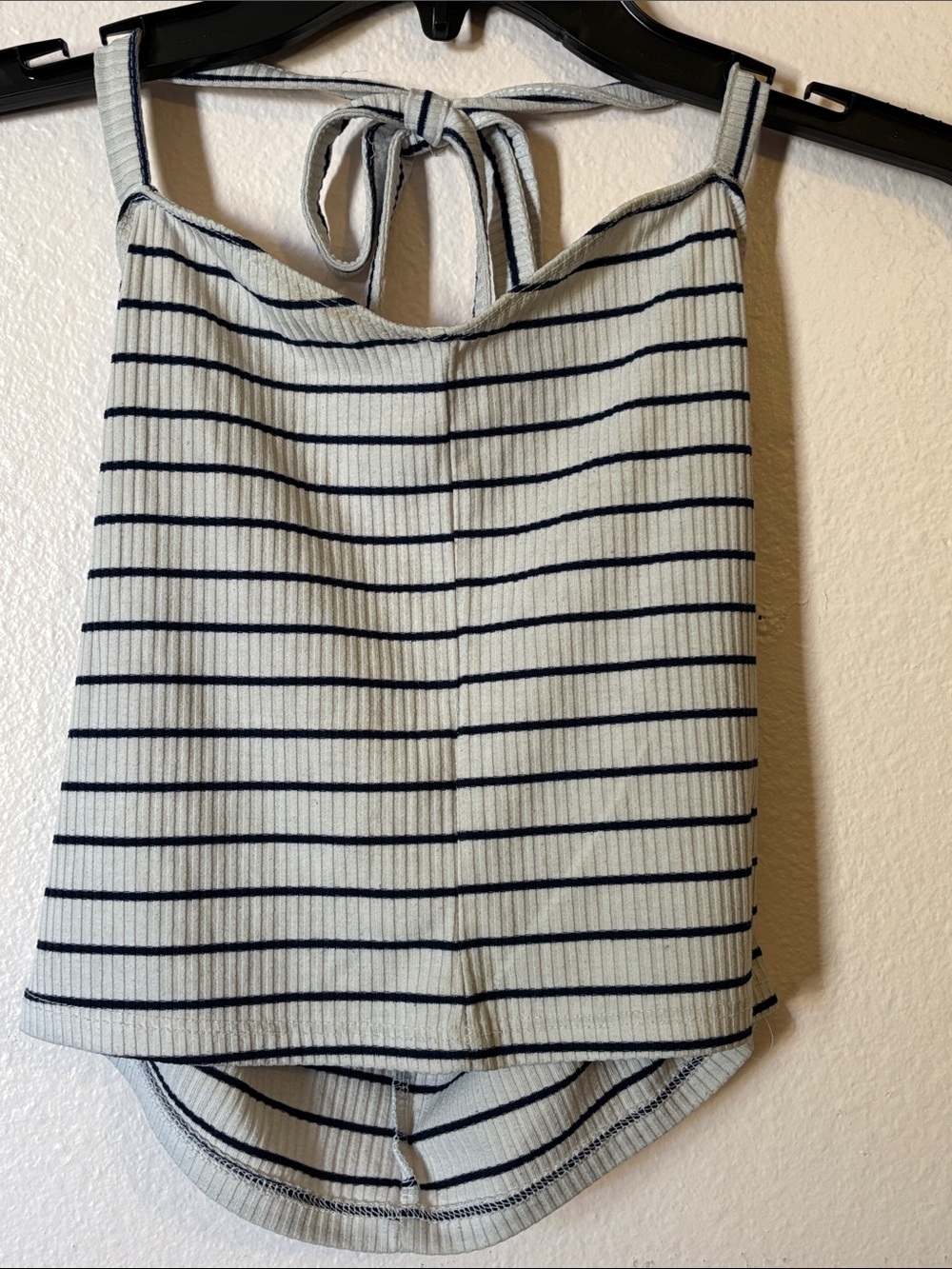 Woman’s White and Navy Blue Striped Halter Top, Size M